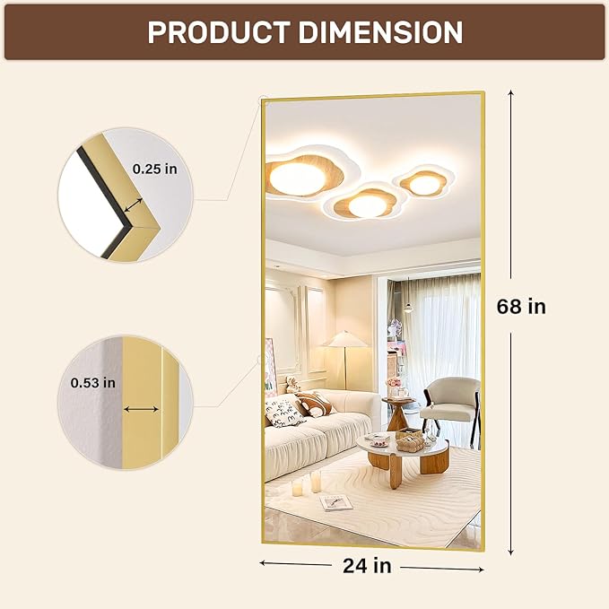 Full-Length Mirror, 24"x68" Floor Mirror with Stand, Wall-Mounted Mirror for Bathroom, Dressing Room - Hanging or Leaning - Full Body Mirrors for Bedroom, Gold-DeskLoop Office