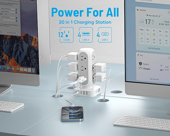 Tower Power Strip with Surge Protection, Flat Plug Outlet Extender with 12 AC Outlets & 8 USB Ports, 5 FT Extension Cord with Multiple Outlets, 24W Total Charging Station for Home Office Dorm Room-DeskLoop Office