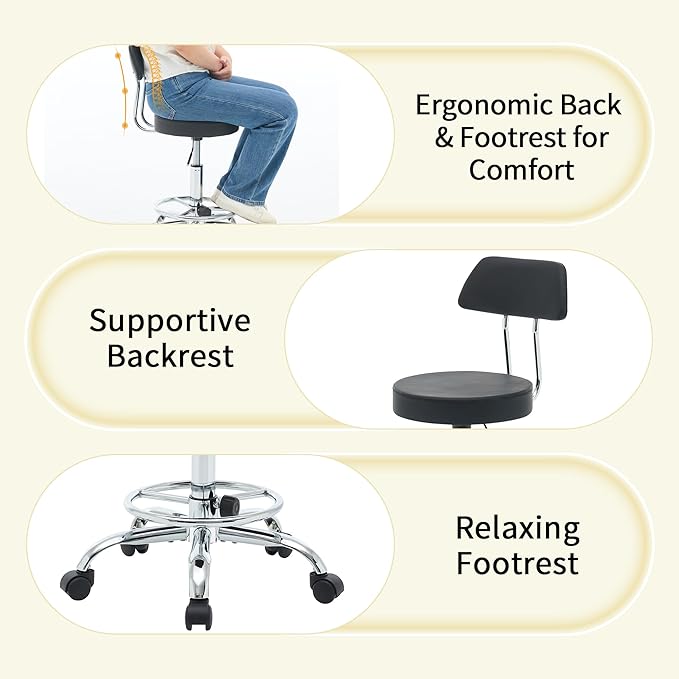 Rolling Stool with Back,Adjustable Height Foot Rest Rolling Salon Chair 19.5’’-26.6’’,Black Ergonomic Stool (Black)-DeskLoop Office