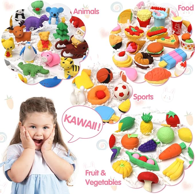 50 Pack Pencil Erasers Animal Eraser for Kids Puzzle Erasers 3D Mini Food Sport Fruit Take Apart Eraser Classroom Rewards Game Prizes Treasure Box Party Favors for Kid Gifts Easter Egg Fillers-DeskLoop Office