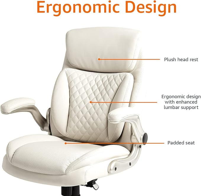 Amazon Basics Ergonomic Executive Office Desk Chair with Lumbar Support, Flip-up Armrests, Adjustable Height, Cream Leather-DeskLoop Office
