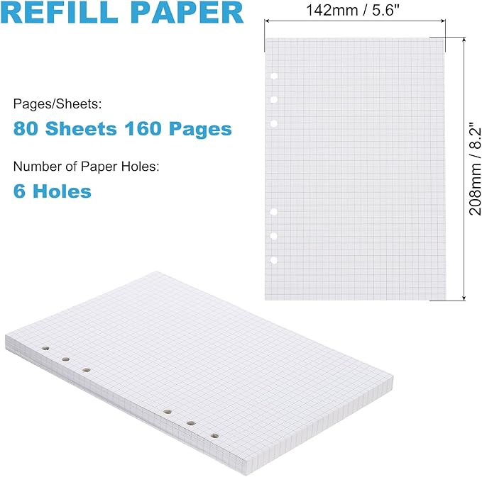 PATIKIL A5 Grid Refill Paper 6-Ring Binder Loose Leaf Planner Filler Paper Planner Inserts, 80 Sheets/160 Pages, Lined-DeskLoop Office