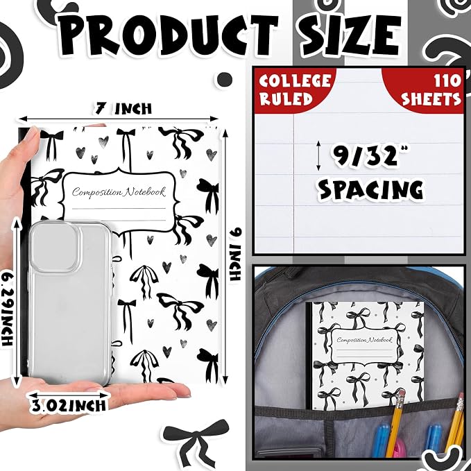 Fullhawl 6 Pack Composition Notebook College Ruled Bulk Black Bow Composition - Image 2