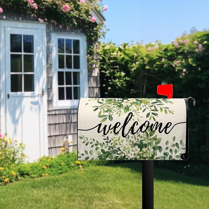 Welcome Spring Mailbox Covers Magnetic Green Eucalyptus Leaf Wreath Flowers - Image 7