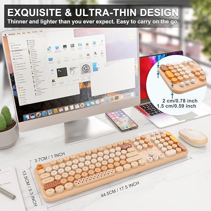 FOPETT Wireless Keyboard and Mouse Combo - 2.4G Full-Sized Cute Colorful Retro Keyboard with Round Keycaps 104 Keys Typewriter Keyboard for Laptop/Windows/PC - Milk Tea Colorful-DeskLoop Office
