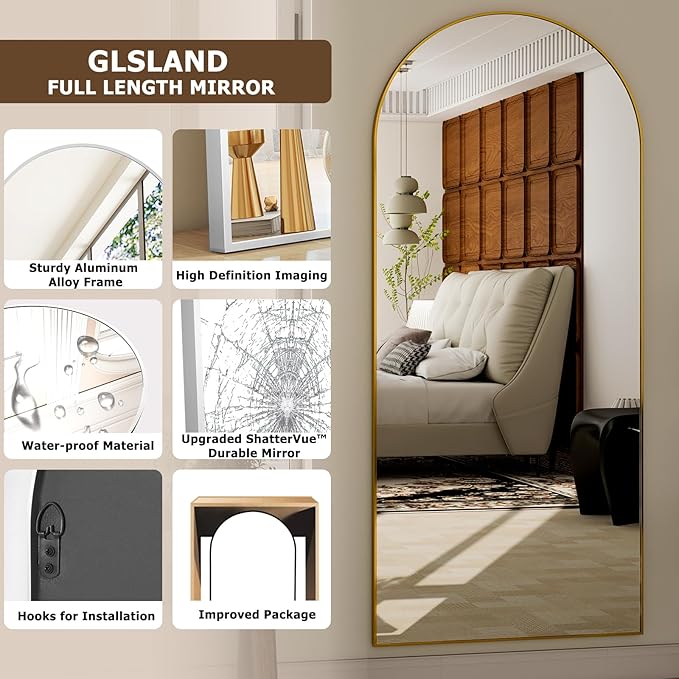 GLSLAND - 20x57 inch Arched Full Length Mirror - Floor Mirrors Aluminum Alloy Frame Full Body Dressing Mirror for Bedroom, Living Room,Black-DeskLoop Office
