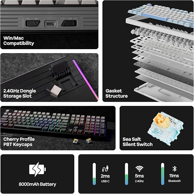 EPOMAKER TH108 Full Size Mechanical Keyboard, Wireless Gaming Keyboard with 8000mAh Battery, Creamy Gasket, 108 Keys, Hot Swap, Custom Driver, RGB Backlight (Black, Sea Salt Silent)-DeskLoop Office