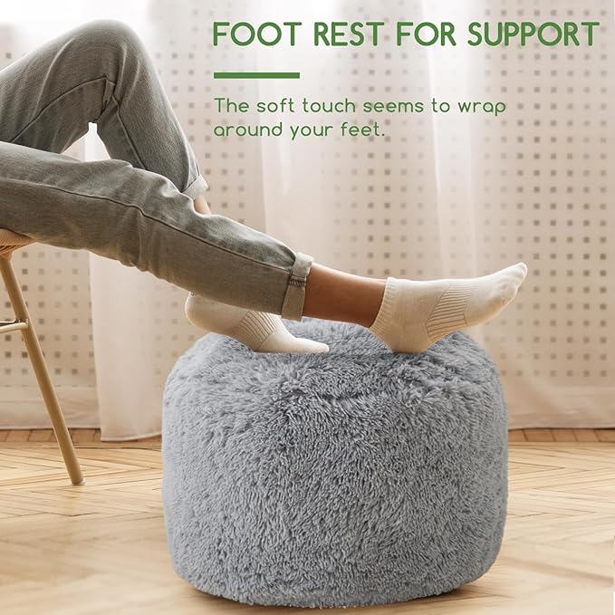 HIGOGOGO Round Stuffed Pouf Ottoman, Long Faux Fur Poufs with Foam Chunk Filling, Fluffy and Furry Pouf Foot Stool Storage Ottoman, 20 X 15 Floor Poufs Foot Rest for Living Room, Grey-DeskLoop Office