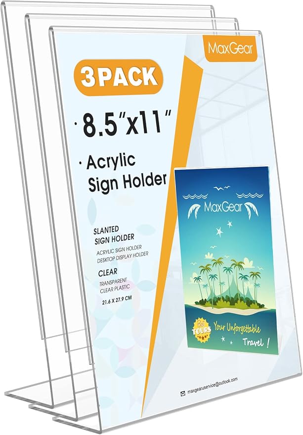 MaxGear Acrylic Sign Holder, 8.5 x 11 L-Shape Plastic Display Stand, 3 Pack | by MaxGear