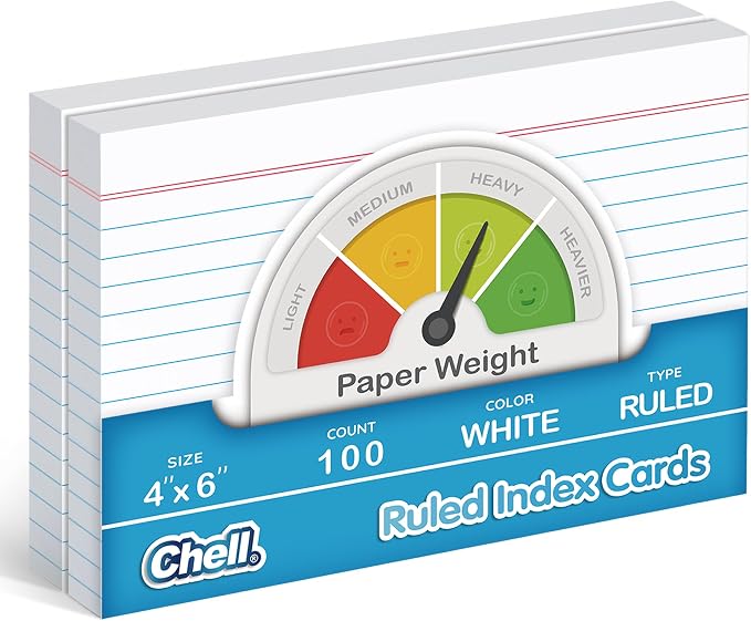 Chell Ruled Index Cards 4x6 Inch Heavyweight, Ruled Front and Blank Back by chell