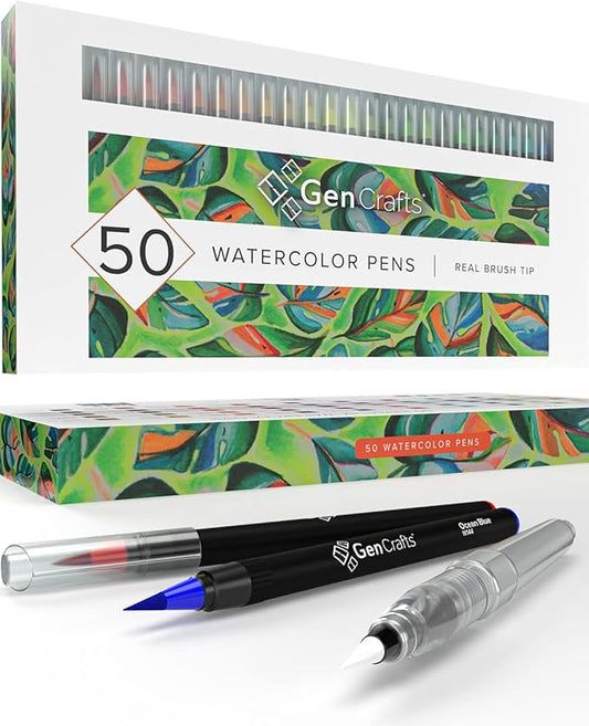 GenCrafts Watercolor Brush Pens Set of 50 Premium Colors - Real Brush Tips - No Mess Storage Case - Washable Nontoxic Markers - Portable Painting-DeskLoop Office