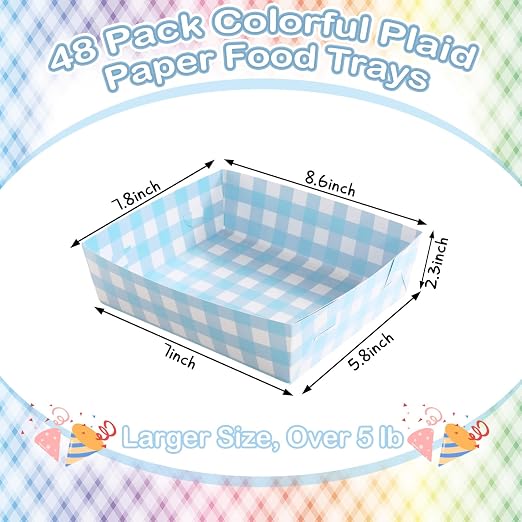Suclain 48 Pack Light Blue and White Gingham Paper Trays 5 lb Grease Resistant - Image 3