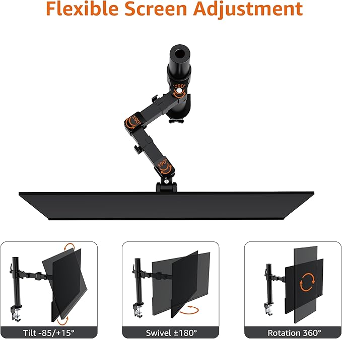 Amazon Basics Single Computer Monitor Stand with Tilt and Rotation, Height Adjustable VESA Desk Arm Mount, Steel, 30 inches, Black-DeskLoop Office