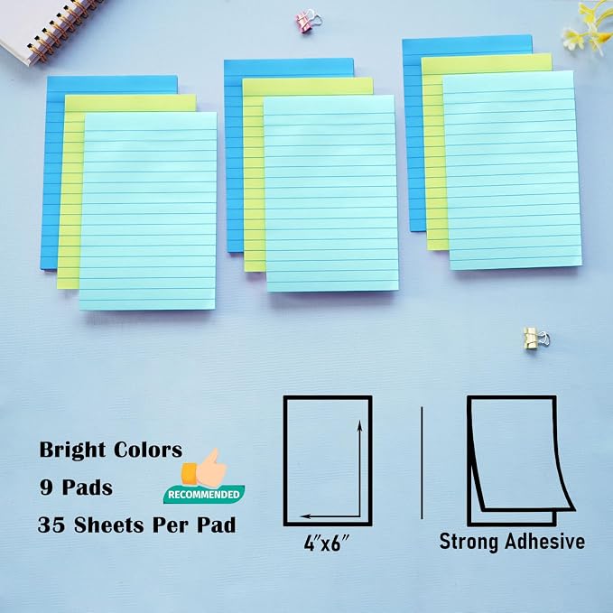 9 Pack Lined Sticky Notes with Lines 4X6 in Post, Aquatic Themed Colors Large - Image 2