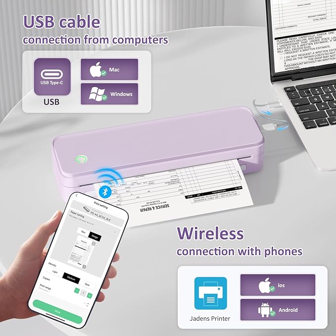 Inkless Portable Printer for Travel, Wireless Thermal Printer Supports 8.5 x 11 Inch US Letter Size, Bluetooth Machine Includes Carry Case and 3 Rolls of Thermal Paper Kit, Purple-DeskLoop Office