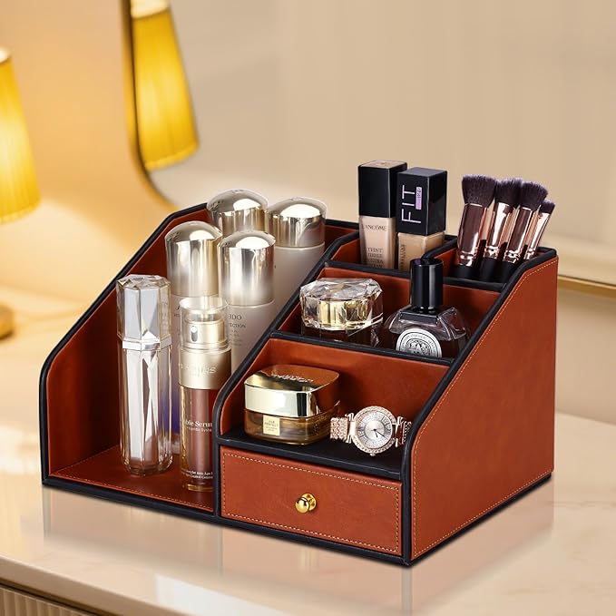 KINGFOM PU Leather Desk Organizer, Multifunction 6 Compartment Desk Organizers and Accessories for Office Supplies, Pen Pencil Holder/Book Mail Organizer Holder for Desk with Drawer (Brown)-DeskLoop Office