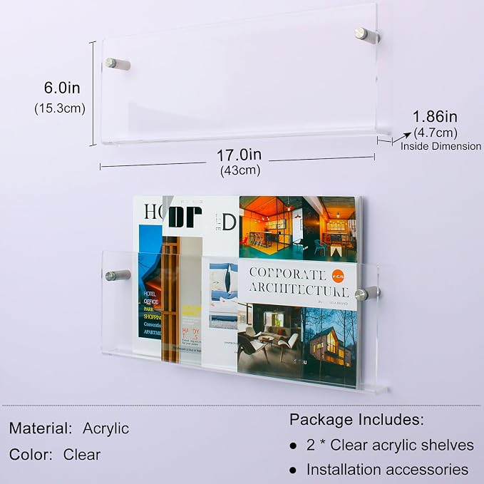 2 Pack Clear Acrylic Magazine Holder, Wall Mount Hanging Bookshelf Literature - Image 2