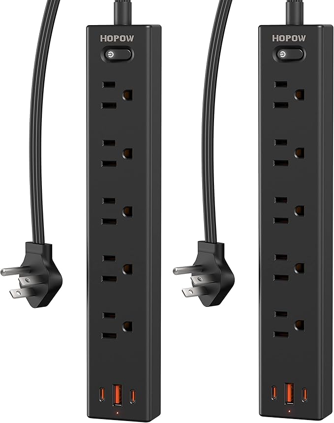 Flat Plug Power Strip, 2 Pack, 6 Ft Ultra Thin Flat Extension Cord, Surge Protector with 5 Outlets & 3 USB Ports (2 USB C Slots), 1700 Joules, 3-Prong, Wall Mount for Home Office Dorm, Black-DeskLoop Office