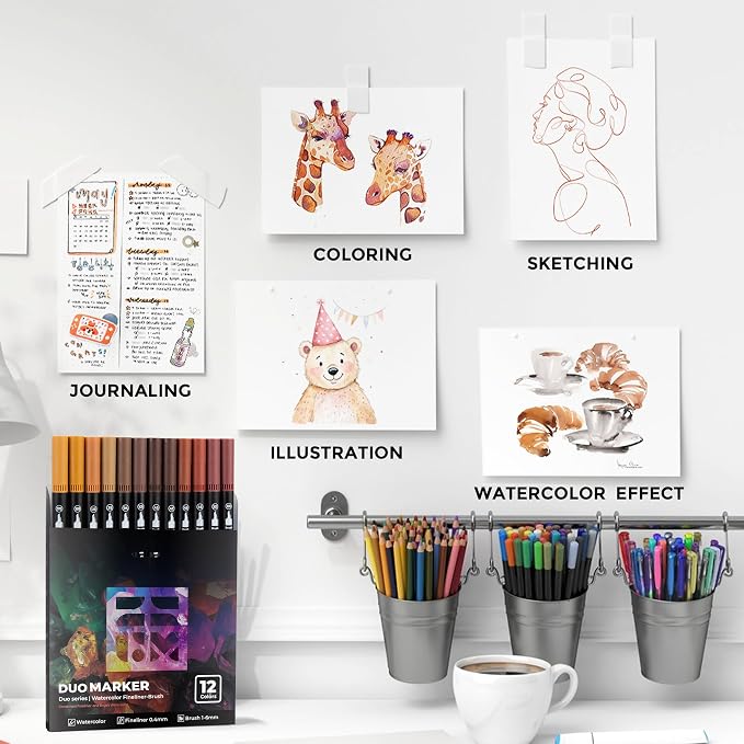 ZSCM Brown Duo Tip Marker Pens, 12 Pack Fine & Brush Markers - Image 6