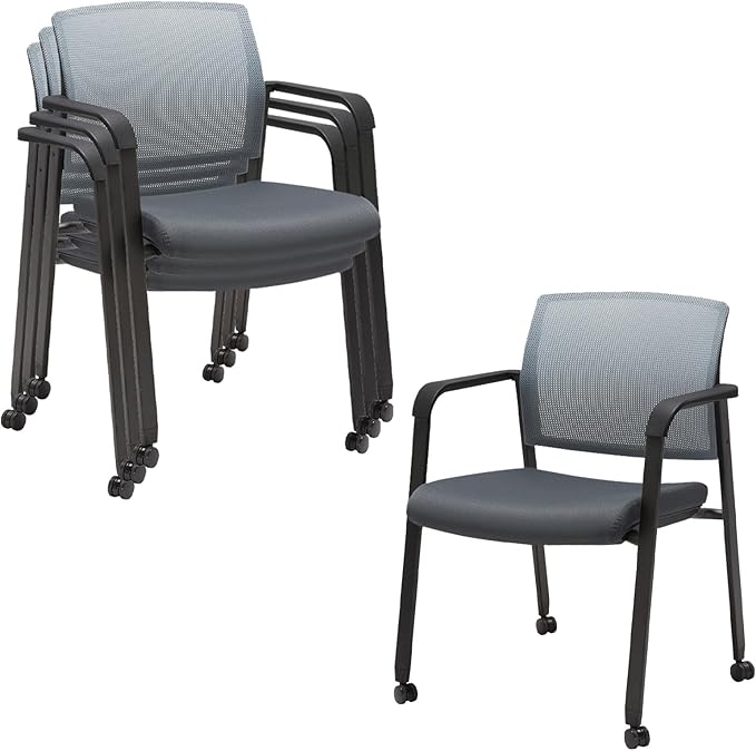 CLATINA Mesh Back Stacking Arm Chairs with Upholstered Fabric Seat and Ergonomic Lumbar Support for Office School Church Guest Reception (WithWheels Gray- 4 Pack)-DeskLoop Office