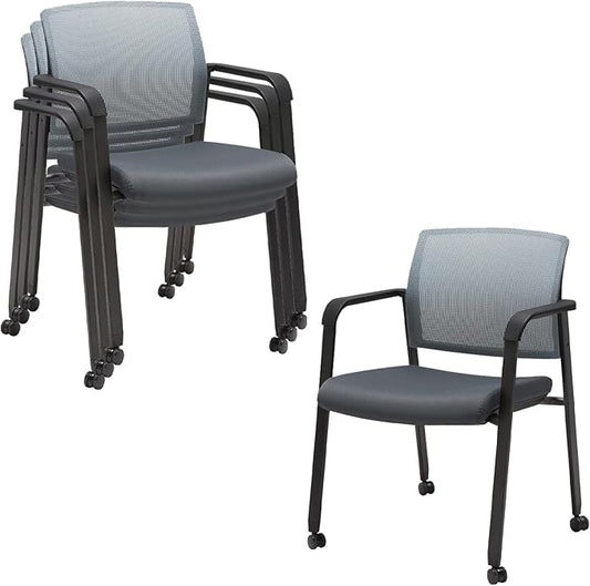 CLATINA Mesh Back Stacking Arm Chairs with Upholstered Fabric Seat and Ergonomic Lumbar Support for Office School Church Guest Reception (WithWheels Gray- 4 Pack)-DeskLoop Office