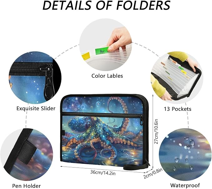 Expanding File Folder Octopus Blue Accordion File Organizer 13 Pockets Document - Image 4