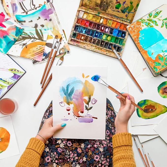 Sable Watercolor Brushes Professional, Fuumuui 8Pcs Sable Brush Set Variety Shapes with Flat, Round Pointed, Liner, Cat's Tongue Oval Wash Perfect for Watercolor Acrylic Gouache Inks Painting-DeskLoop Office