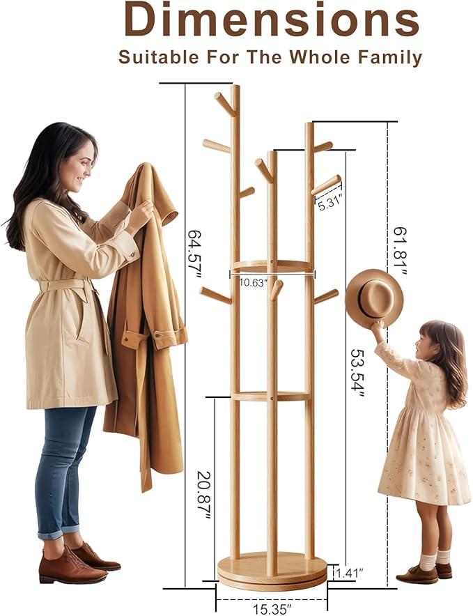 Solid Wood Rotary Coat Rack, Freestanding Coat Rack with 3 Shelves and 9 Hooks, Coat tree for Bedroom, Entryway, Livingroom, Coat Hanger Stand for Coats, Scarves, Handbags (Natural)-DeskLoop Office