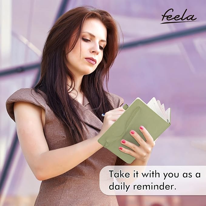 feela 5 Pack Notebooks Journals Bulk, Hardcover Classic Ruled Lined Journals with Pen Holder for Women Girls School Business Supplies, with 5 Black Pens, 120 GSM, 5.1”x8.3”, A5, Avocado Green-DeskLoop Office