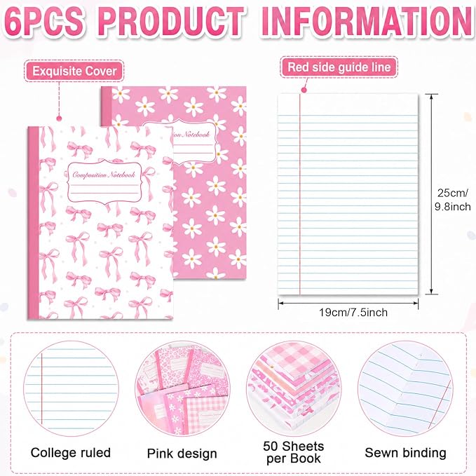 6 Pack Large Composition Notebooks Bulk 9.8 × 7.5 in Wide Ruled Hard Cover - Image 2