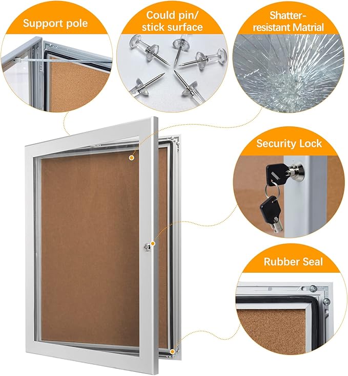 Locking Enclosed Bulletin Board Aluminum Cork Memo Board Wall Mount Noticeboard with Rubber Seal Tamperproof Single Door Display Case for Indoor Or Outdoor Use, 26.8×20 in-DeskLoop Office