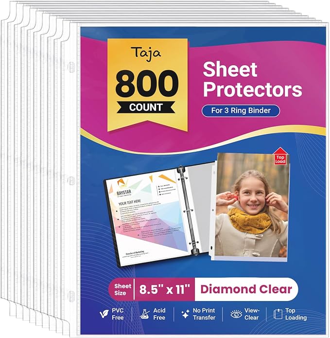 Taja Sheet Protectors for 3 Ring Binder, Plastic Sleeves for Paper Letter Size by Taja
