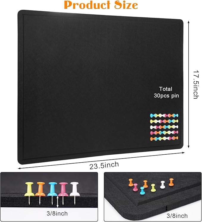 Bulletin Board, 23.5 X 17.5 inches Cork Board with 20 Pushpin, Felt Cork Board Notice Pin Board, Self-Adhesive Vision Board Mood Board Foldable Photo Board for Wall - Black-DeskLoop Office