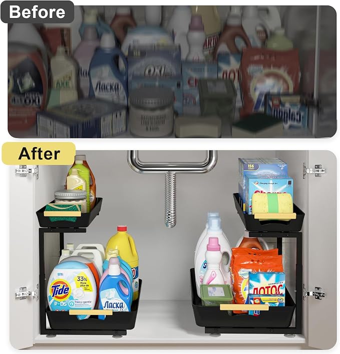 AMEDELE 2 Pack Under Sink Organizer, 2 Tier Pull Out Adjustable Height Under - Image 3