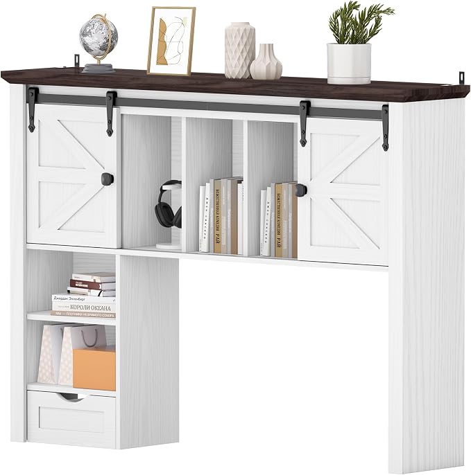 Large Desktop Bookshelf with Sliding Barn Door, 47.2''W Desk Shelf Display Rack - Image 8
