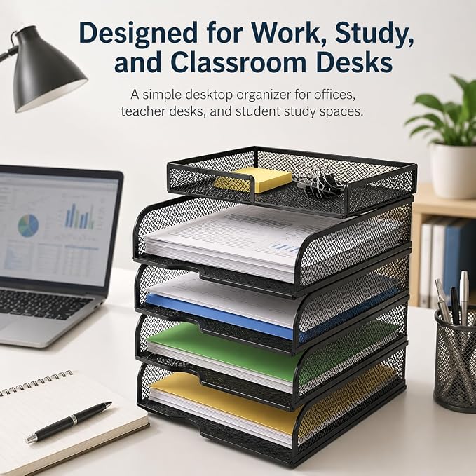 SUPEASY 4-Tier Black Metal Mesh Desk Organizer, Stackable Letter Tray and Paper - Image 3