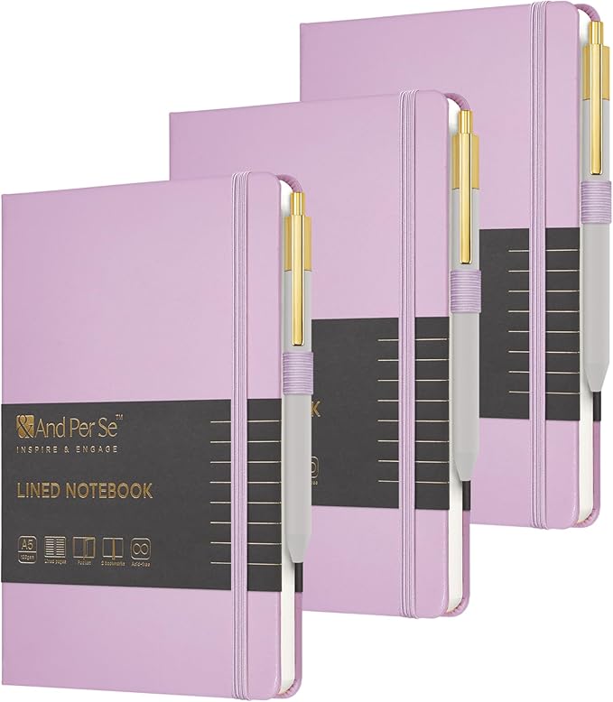 A5 Lined Leather Journal and Pen Set (3 packs), Hardcover Notebook with Pen, 160 Pages 100gsm Thick Ruled Paper for Men Women, for Work, Business, School or Home Writing, 5.7'' x 8'' (Purple)-DeskLoop Office