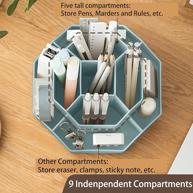 Pencil Pen Holder for Desk, 9 Slots 360 Degree Rotating Desk Organizer, Cute Pen Organizers Stationery Supplies for Office Home & Art Supply (Blue)-DeskLoop Office