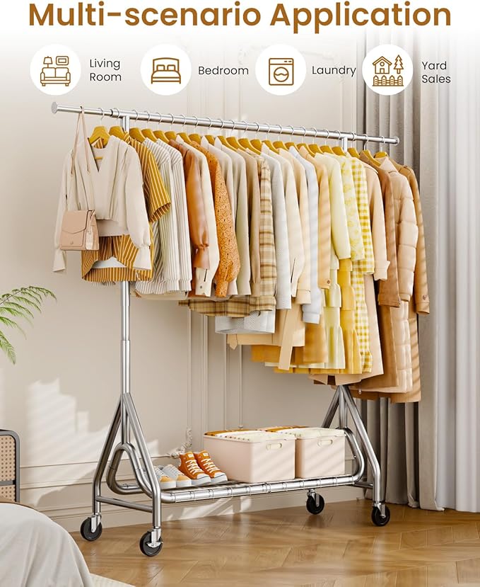 Heavy Duty Clothing Rack, Metal Clothes Rack Load 450 LBS, Rolling Coat Racks for Hanging Clothes with Lockable Wheels, Wardrobe Closet Garment Racks for Bedroom, Silver-DeskLoop Office