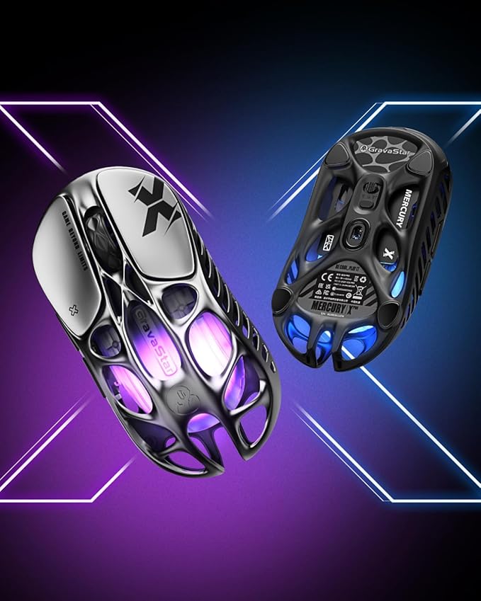 GravaStar Mercury X Wireless Gaming Mouse – 32,000 DPI PAW 3950 Sensor, 1000Hz Polling Rate, Only 49g, Magnesium Alloy Hollow Frame, RGB Lighting, 5 Programmable Buttons-DeskLoop Office