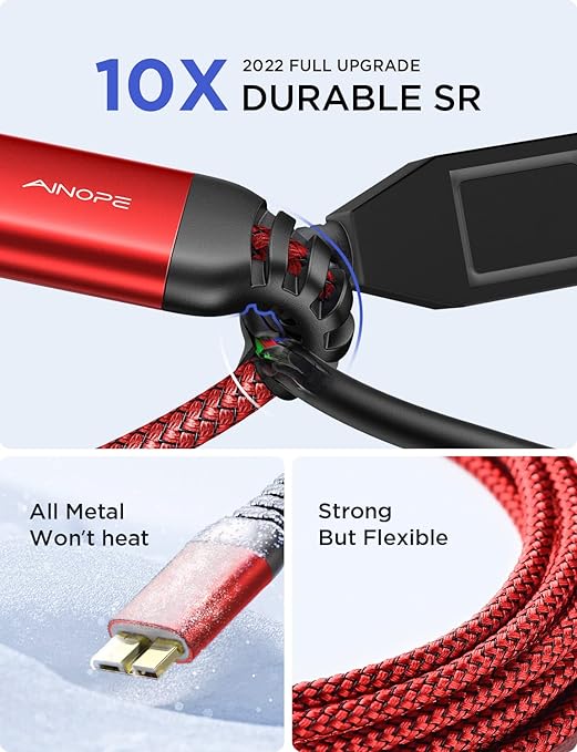 AINOPE 10Gbps Micro B to USB C Hard Drive Cable, [Nylon Braided] USB C to Micro B Cord, USB C to External Hard Drive Cable for Seagate WD Westgate, iPhone 16 Pro MacBook Air M2 Pro, 1.6FT, Red-DeskLoop Office