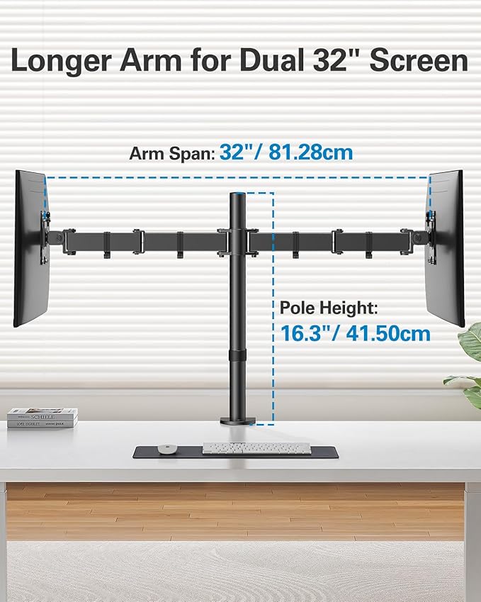 HUANUO Dual Monitor Desk Mount, Heavy-Duty Steel Adjustable Arm for 13-32 Inch Screens, Tilt, Swivel, Rotate, C-Clamp & Grommet Base, Holds up to 17.6 lbs per Arm, VESA 75/100mm-DeskLoop Office