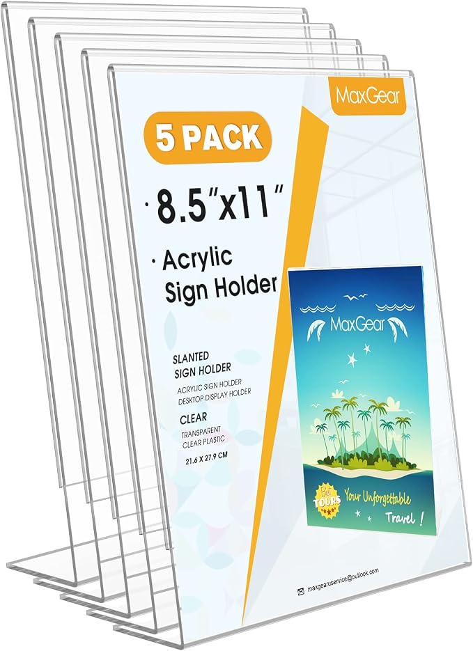 MaxGear Acrylic Sign Holder, 8.5 x 11 Slant Back Display Stand, 5 Pack | Clear by MaxGear