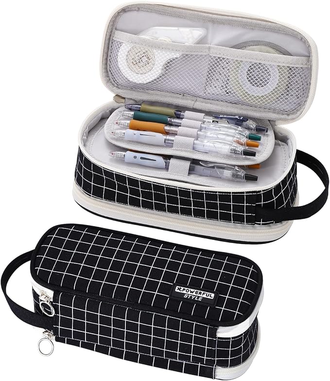 Large Pencil Case Zipper Pencil Pouch for Girls Boys Adults Kids Aesthetic Pencil Bag Organizer Big Capacity Pens Bag with Handle Portable for School Office Black-plaid-DeskLoop Office