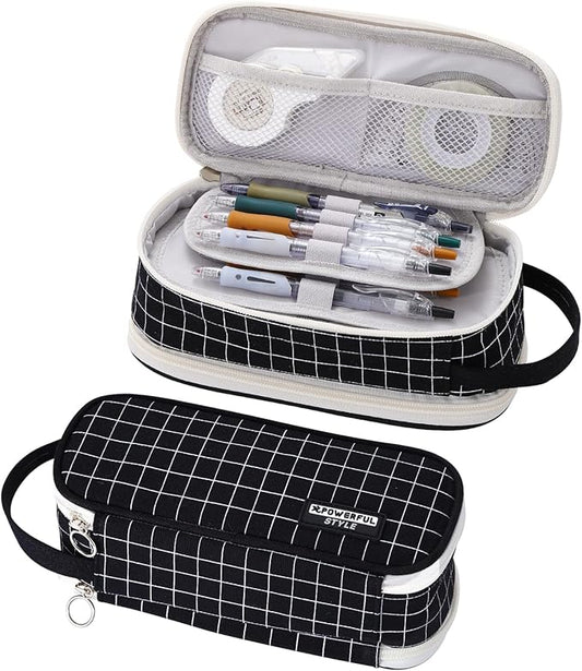 Large Pencil Case Zipper Pencil Pouch for Girls Boys Adults Kids Aesthetic Pencil Bag Organizer Big Capacity Pens Bag with Handle Portable for School Office Black-plaid-DeskLoop Office
