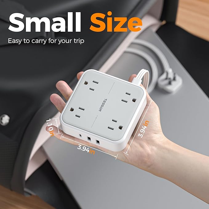Flat Plug Extension Cord 5 Ft, TESSAN Surge Protector Power Strip Ring Pull with 3 USB (1 USB C) 4 Outlets, 900 Joules Protection, Desktop Charging Station for Home, Office, College, Dorm Room, Gray-DeskLoop Office