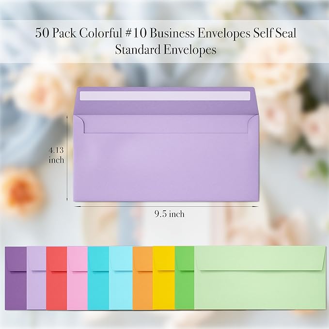 Slapaflife 50 Pack Business Envelopes #10, 4.13 x 9.49 Inches Colored Envelopes - Image 2