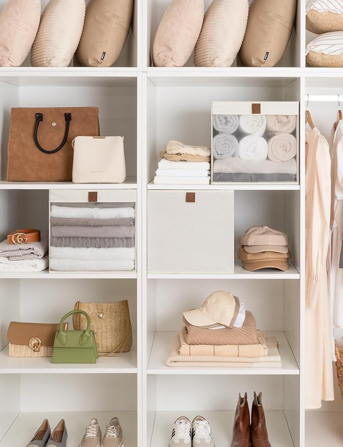 StorageWorks 13x13 Storage Cubes, Closet Storage Bins with Clear Window, Large Fabric Organizer for Clothes, Collapsible Storage Baskets with PU Handles, Beige, 3-Pack-DeskLoop Office