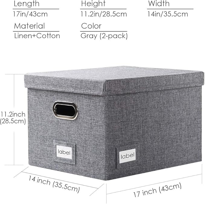 PRANDOM File Organizer Box - Set of 2 Collapsible Decorative Linen Filing Storage Hanging File Folders with Lids Office Cabinet Letter/Legal Size Grey (17x14x11.2 inch)