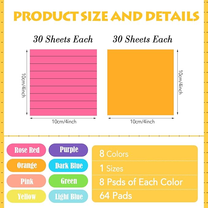 Yexiya 64 Pcs Lined Sticky Notes Self Stick Notes with Lines Bright Assorted Colors Sticky Pad for Home Office Products Post Memos, 1920 Sheets(3 x 3 Inch,Lined, Blank)-DeskLoop Office